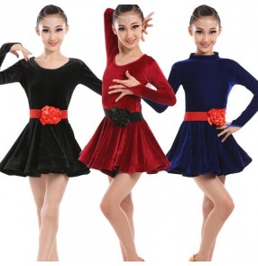 Black wine red royal blue velvet long sleeves girls kid children performance competition professional gymnastics latin ballroom dance dresses outfits